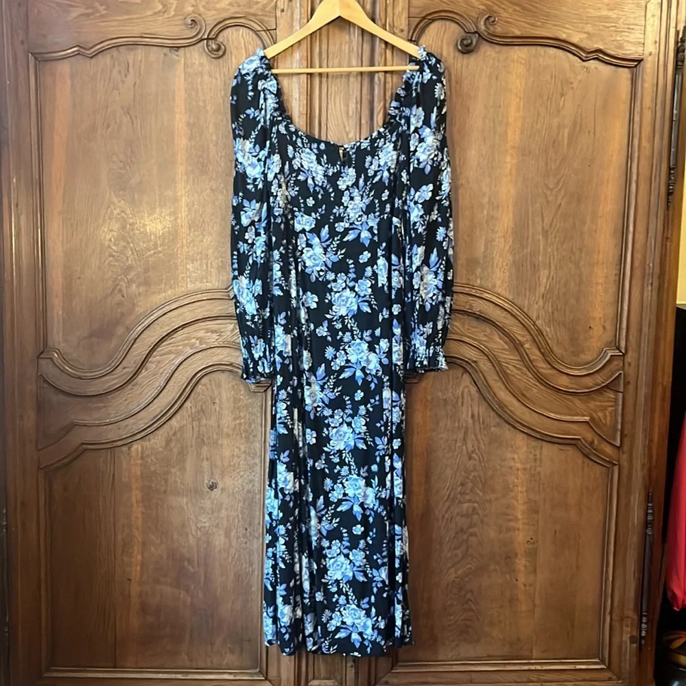 NEW Free People Jaymes Floral Print Square Neck Long Sleeves Midi Dress
